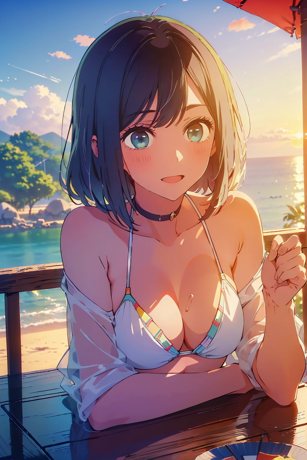 (Highest quality:1.4、masterpiece:1.4、Super detailed:1.4、8K:1.4)、Slim body、((((1 person、Surprised expression、sit、Outdoor café terrace、coastal、juice、table、Sandy Beach、bikini、juiceのグラスを持つ、Big eyes、Shallow depth of field、Very cute face))))、(((sunset、Sunset)))、(((bikiniサイズは小さい)))、(Areola protrudes)、F cup bust、Big Breasts、Get up close and take a photo