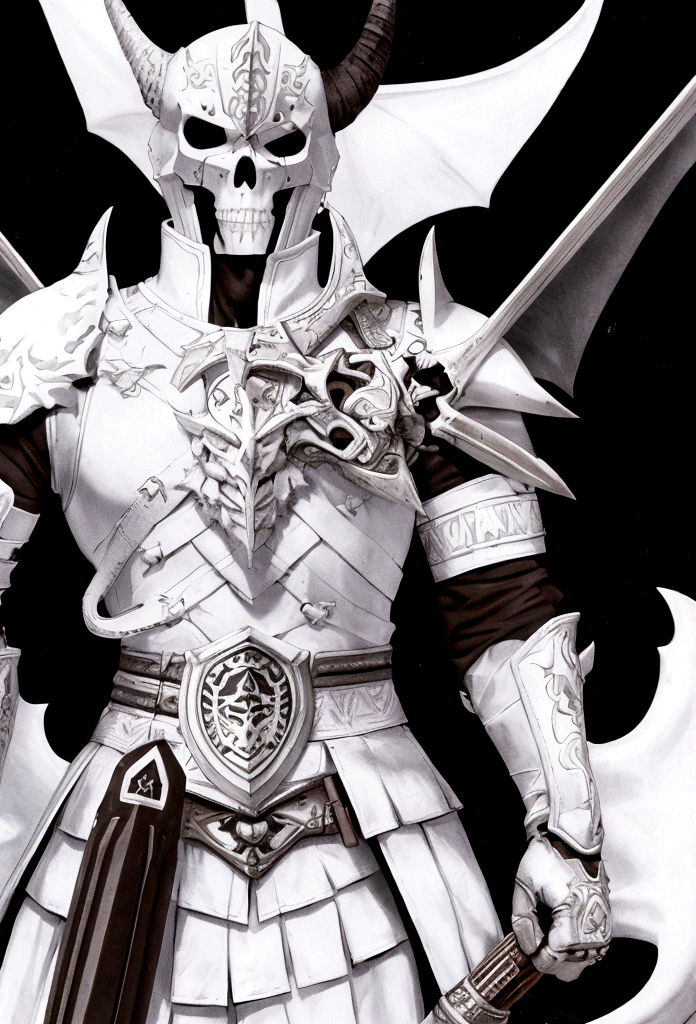 warrior with white armor skull face with horns bat wings