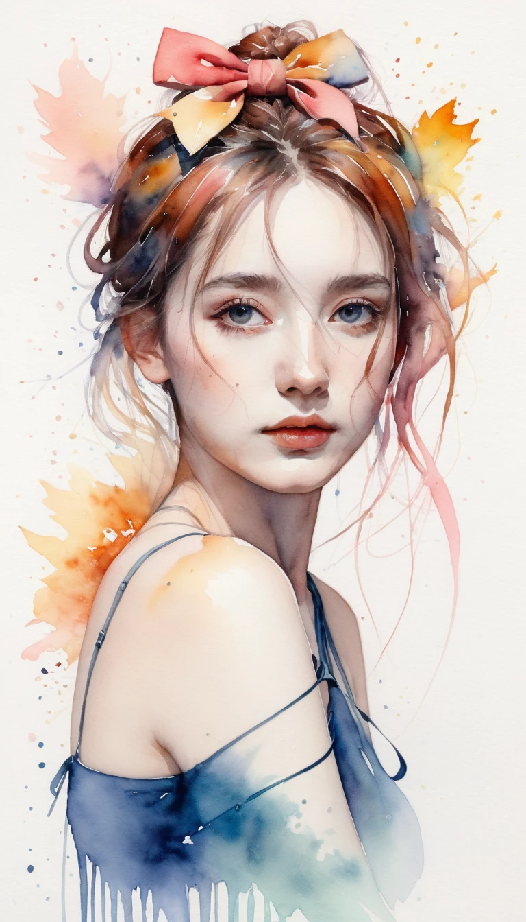 (8k, best quality, masterpiece:1.2),(best quality:1.0), (ultra highres:1.0), watercolor, a beautiful woman, shoulder, hair ribbons, by agnes cecile, half body portrait, extremely luminous bright design, pastel colors, (ink:1.3), autumn lights,
