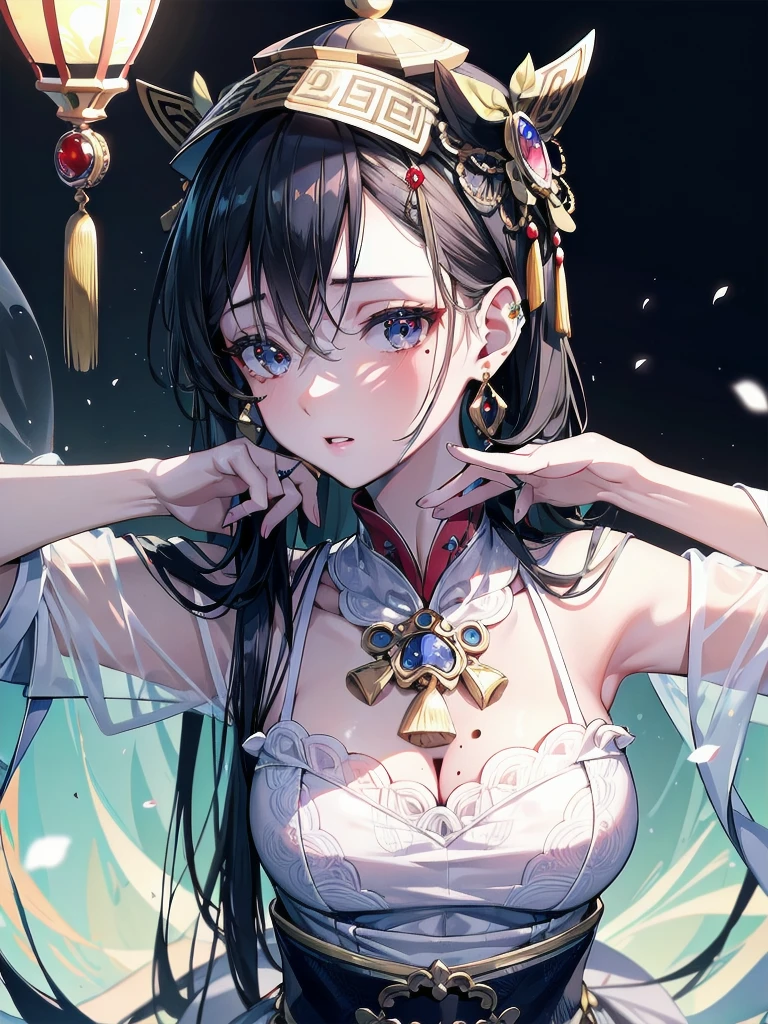 absurdres, RAW photo, extremely delicate and beautiful, masterpiece, Best Quality, ultra high resolution, 32k, hyperrealistic, ultra-detailed, in her 20s, delicate facial features, beautiful detailed girl, tearful mole, earring, medium breasts, full body shot, shorter middle hair, black hair, jiangshi,