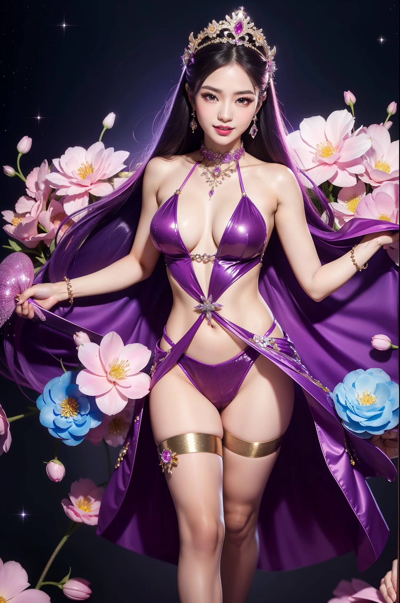 sexy Thai model who controls poison、beautiful smile、lipgloss、bold lipstick、intense makeup、look at the camera、full body Esbian、、sparkling poisoned flower costume、、、、sparkling Colorful hair、secrete poison、skull hair accessories、sexy tights、shiny sparkling flowers background