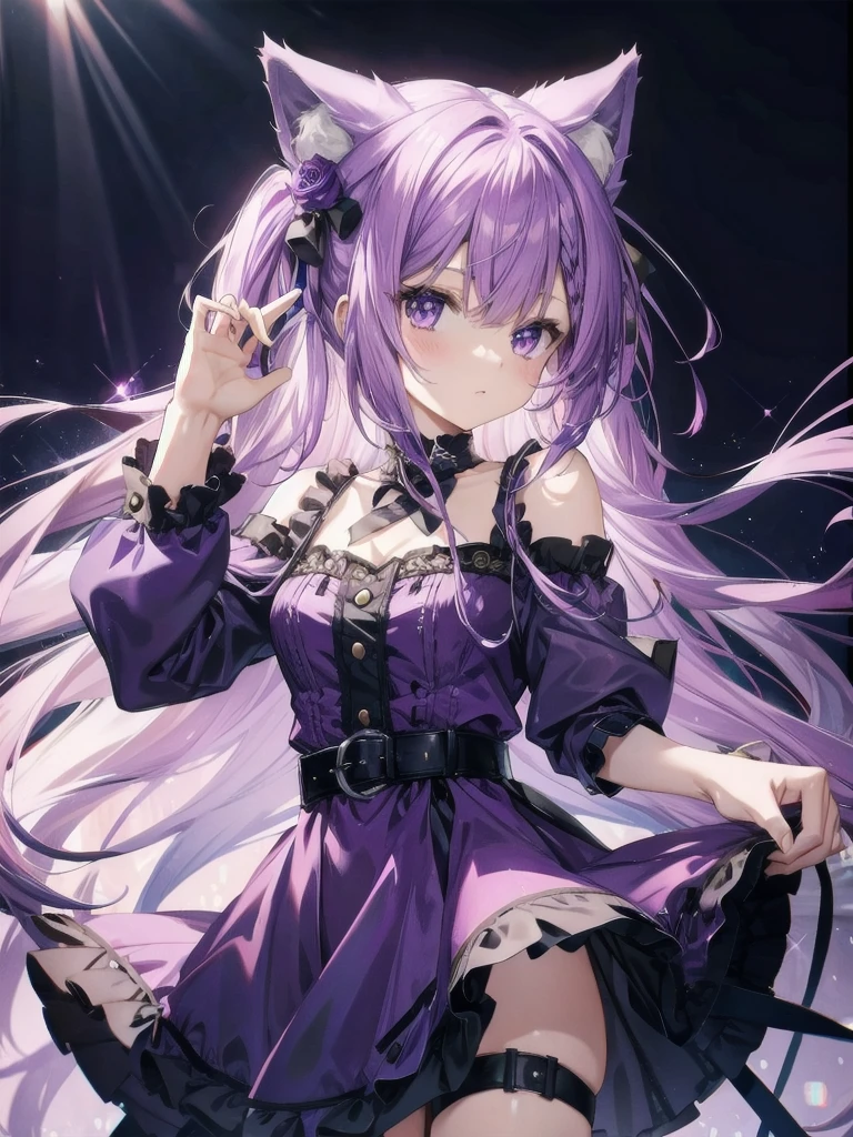 A purple haired girl with cat ears wearing a purple dress in high definition 