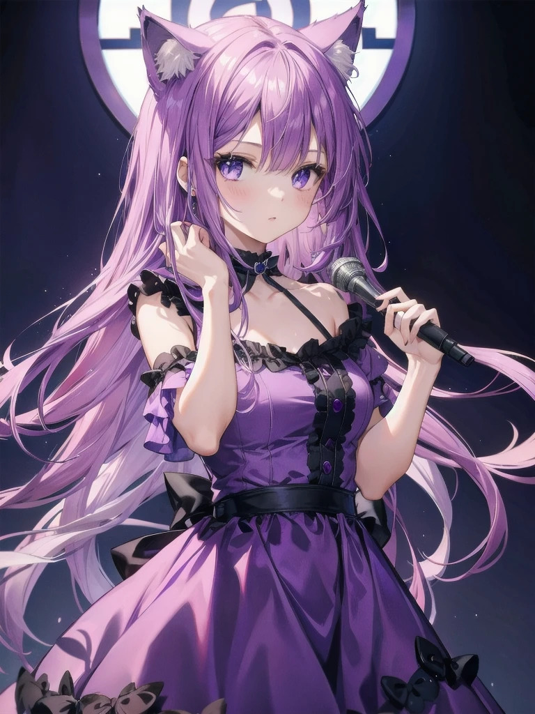 A purple haired girl with cat ears wearing a purple dress in high definition 