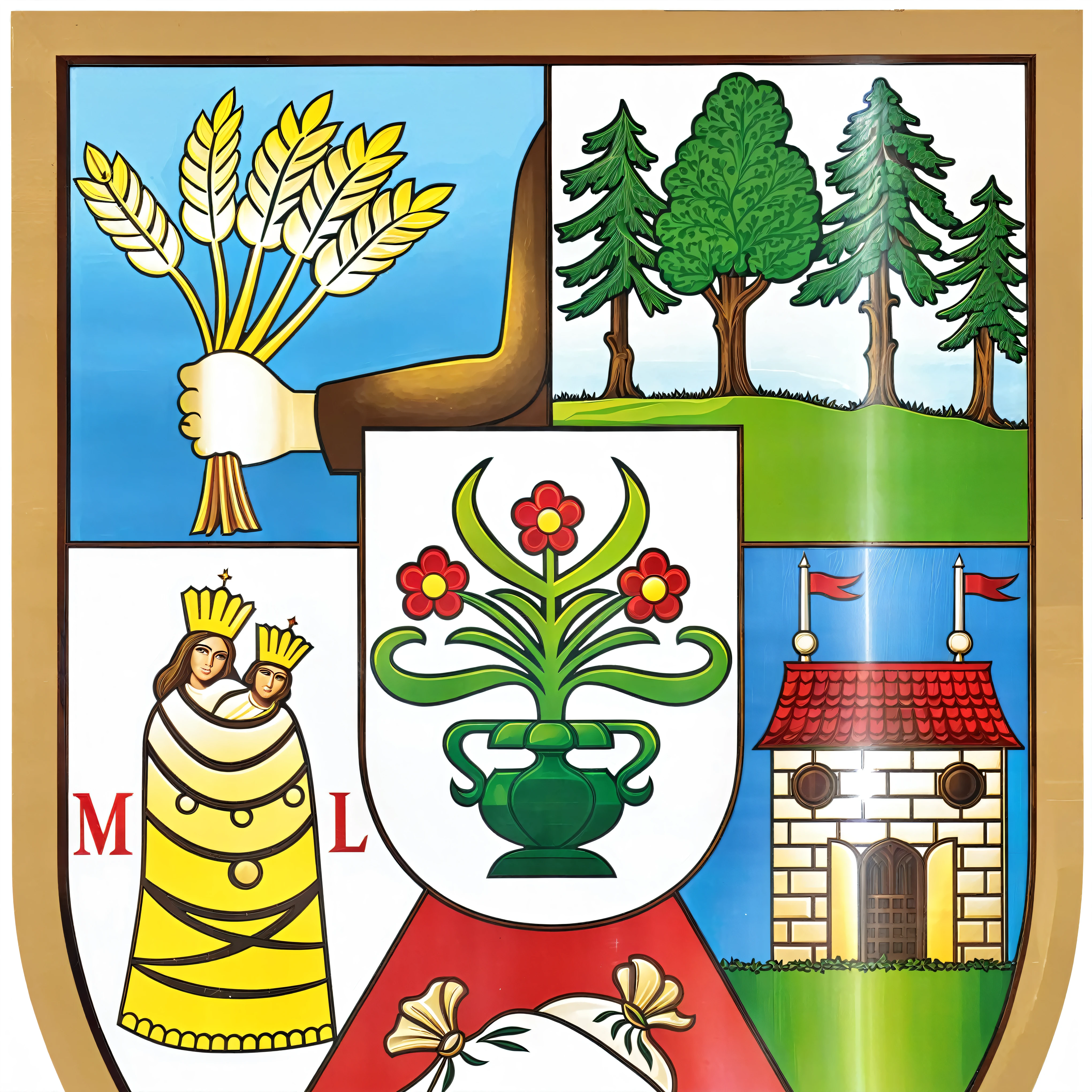 a close up of a coat of arms with a tree and a castle, city of armenia quindio, coat of arms, munkácsy, estefania villegas burgos, heraldry, sallon, villany, múseca illil, by Jenaro de Urrutia Olaran, boissb - blanca. j