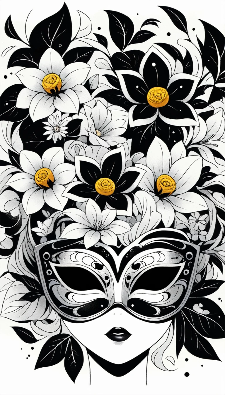 Anime Line Art,Black and White,mask,flower