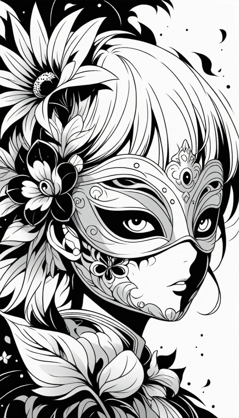 Anime Line Art，Black and White，mask，flower