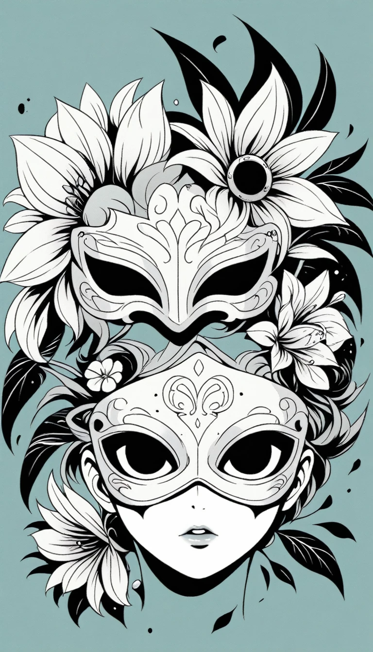 Anime Line Art,Black and White,mask,flower