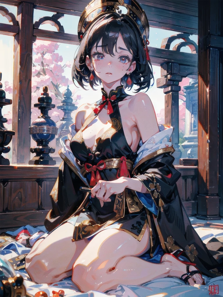 absurdres, RAW photo, extremely delicate and beautiful, masterpiece, Best Quality, ultra high resolution, 32k, hyperrealistic, ultra-detailed, in her 20s, delicate facial features, beautiful detailed girl, tearful mole, earring, medium breasts, full body shot, shorter middle hair, black hair, jiangshi,