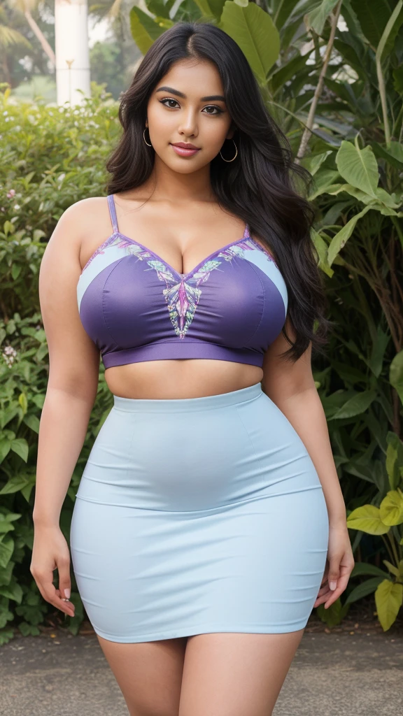 south Indian beautiful woman sexy curvy plus size model wearing different random color skin tight Bollywood Blush Banarasi Dress, eye contact camera view, different style standing position, curvy plus size big hour glass bulky huge figure, big m-cup bulky huge breasts, different style hairstyle, bright eyes, thin eyebrows, fair skin, blushing cheeks, prefect head to thigh close up view, Eden Seraphim Gardens background and location, Dreamcatcher Delight Embroidery, ultra realistic skin texture, head to thigh close up view, smile face, shadow lighting effect