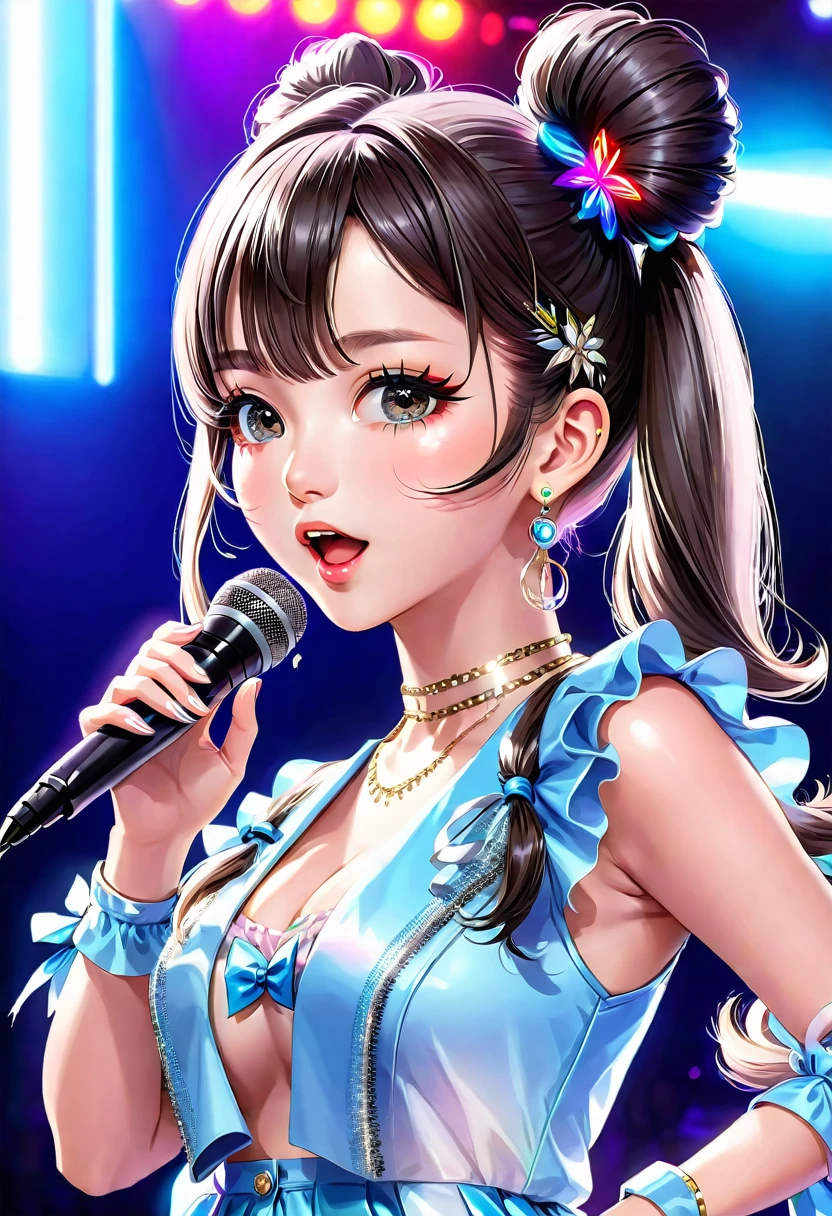 A beautiful young idol girl with twin tails is singing on the stage at a concert。bust:1.5、(Highest quality、4K、8K、High resolution、masterpiece:1.2)、Super detailed、(Real、Photorealistic、Photorealistic:1.37)、Delicate facial features、Highly detailed eyes and face、Complex hairstyles、Expressive pose、Colorful stage lights、Dynamic Performance、Bright colors、Glowing Skin、Professional photography
