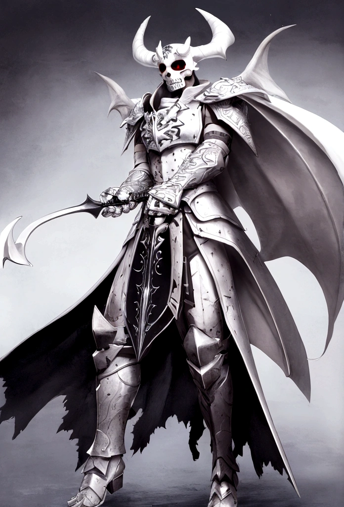 warrior with white armor skull face with horns bat wings full body