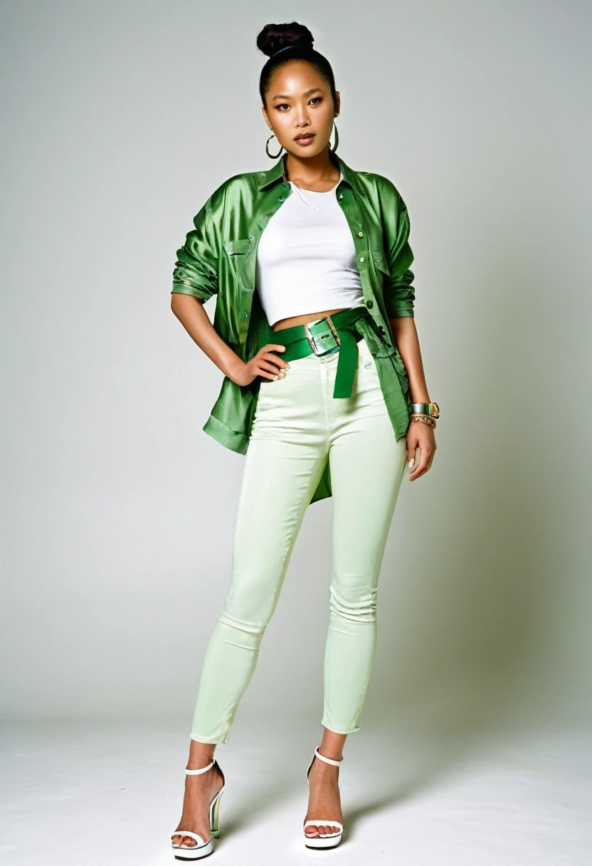 A model, beautiful mixed race Nigerian and Korean woman aged 27years. Wearing a belt made of shiny green silk. Informal messy design. Loosely twisted and wrapped material, makeshift belt. Being worn over white shiny leggings.  White open-toe platform sole shoes. Pale green denim jacket. White transparent t-shirt 