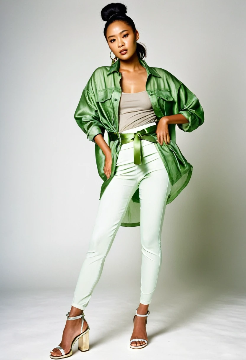 A model, beautiful mixed race Nigerian and Korean woman aged 27years. Wearing a belt made of shiny green silk. Informal messy design. Loosely twisted and wrapped material, makeshift belt. Being worn over white shiny leggings.  White open-toe platform sole shoes. Pale green denim jacket. White transparent t-shirt 