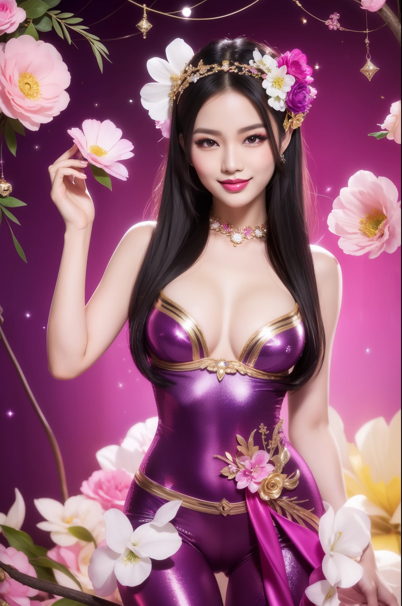 sexy Thai model who controls poison、beautiful smile、lipgloss、bold lipstick、intense makeup、look at the camera、full body Esbian、、sparkling poisoned flower costume、、、、sparkling Colorful hair、secrete poison、skull hair accessories、sexy tights、shiny sparkling flowers background