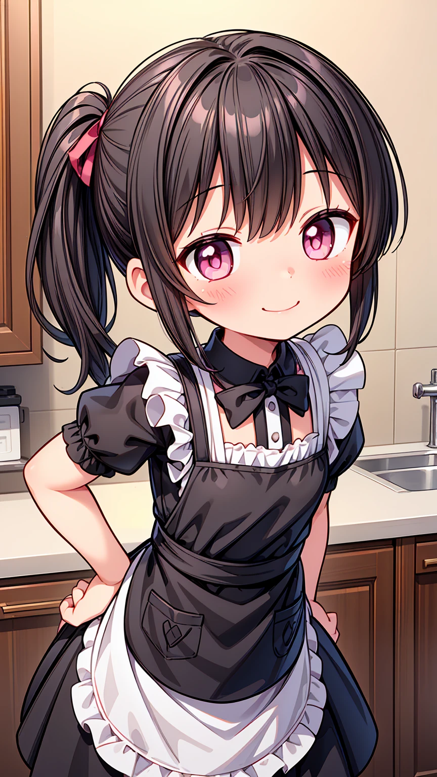 (Highest image quality), (highest quality), (masterpiece), (dynamic lighting), (photo realism), detailed face, ((loli)), ((girl)), (little curve), short black hair, one side ponytail hairstyle, pink eyes, ((very small bust)), (apron), smile, winking, kitchen background, ((very blushing)), ((detailed hands and fingers)), viewer perspective from below, (blush), more detailed