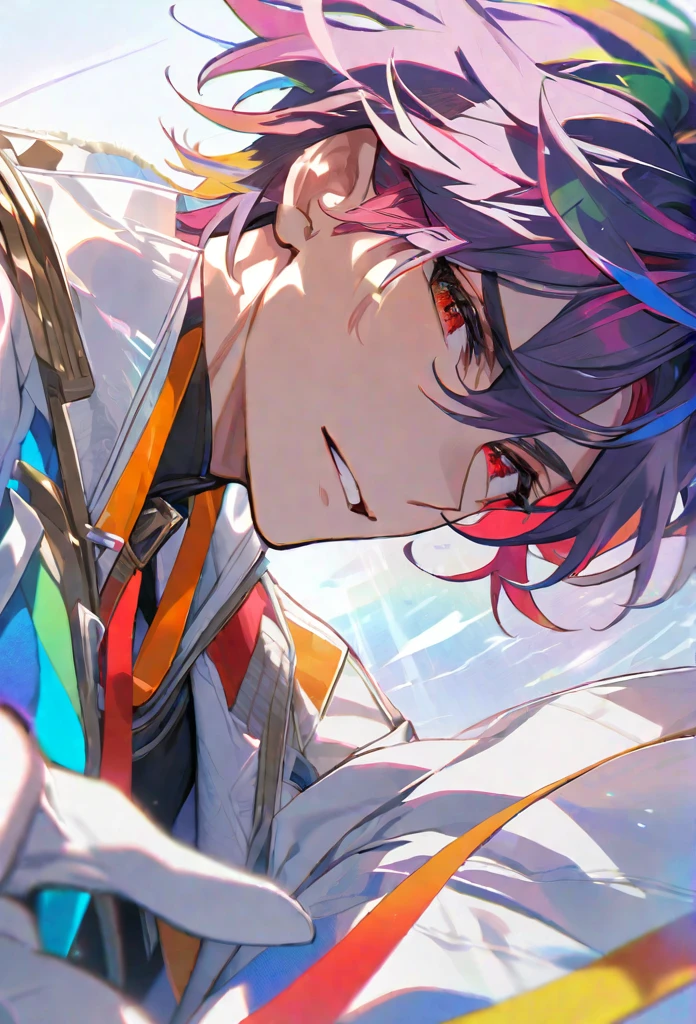 solo, handsome, 1 male, short hair, rainbow color hair, red eyes, white coat, white gloves