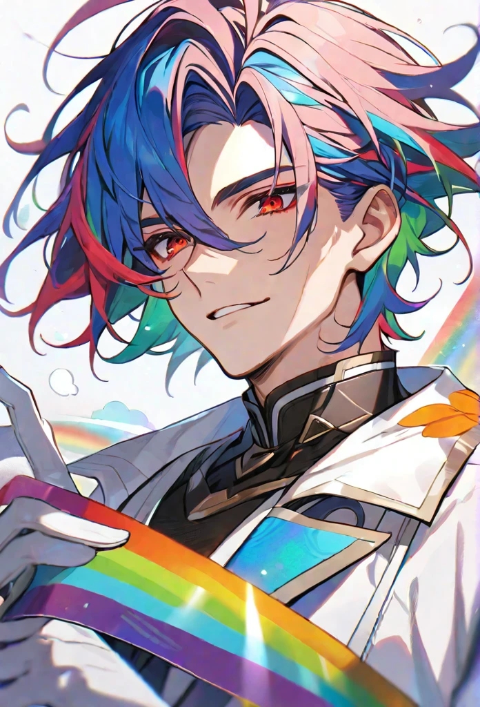 solo, handsome, 1 male, short hair, rainbow color hair, red eyes, white coat, white gloves
