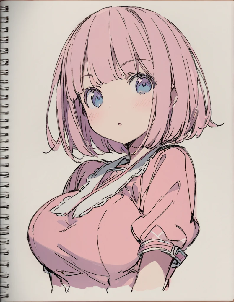 Blue-eyed busty junior high school girl ピンク色のshort bob sketch