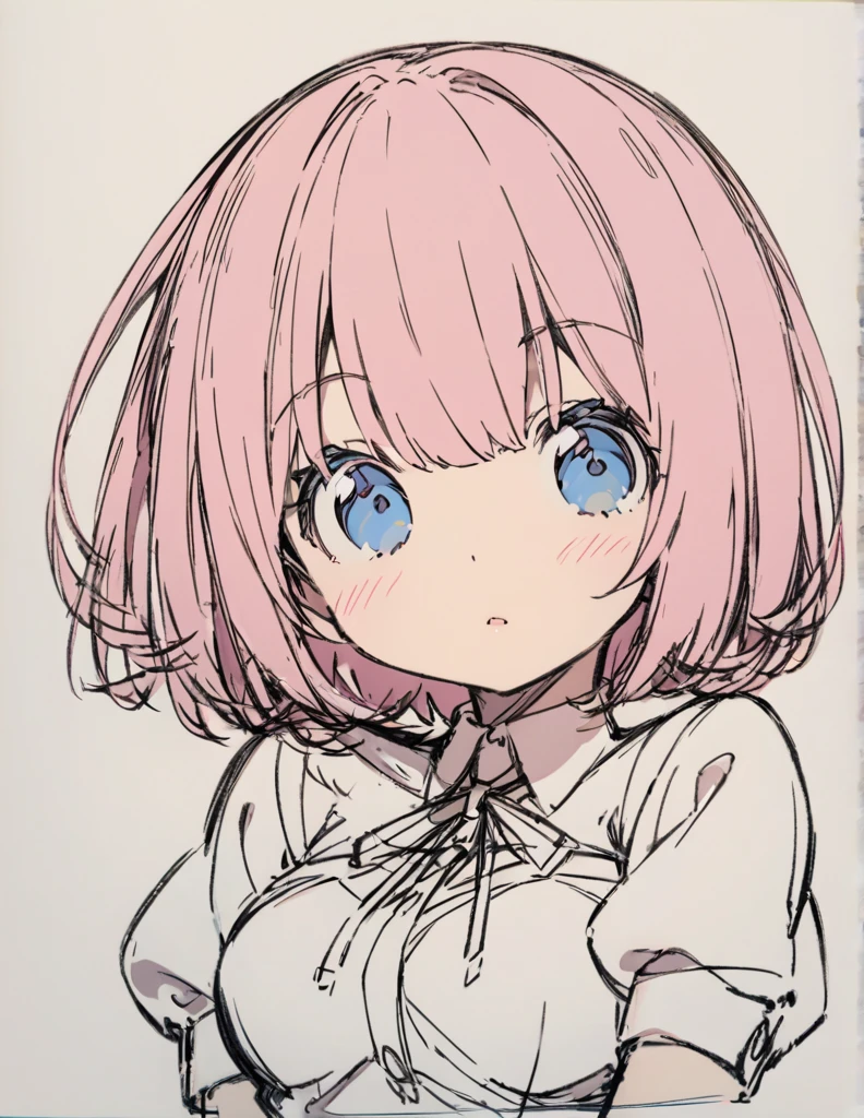 Blue-eyed busty junior high school girl　ピンク色のshort bob　sketch