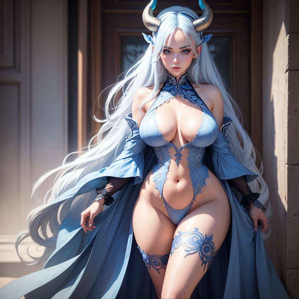 Best quality, A high resolution,A woman with Clothes, breasts, blue eyes, long Blue and white hair , big thighs, best quality, best resolution, detailed ,Normal body, well detailed, beautiful, standard, detailed, best quality ,Sexythes, sexy andothes, makeup on the face, best quality, detailed With Two horns on the head