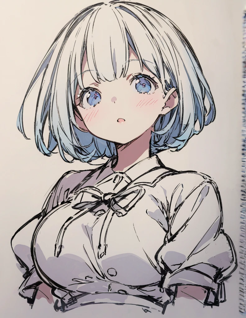 Blue-eyed busty junior high school girl ピンク色のshort bob sketch