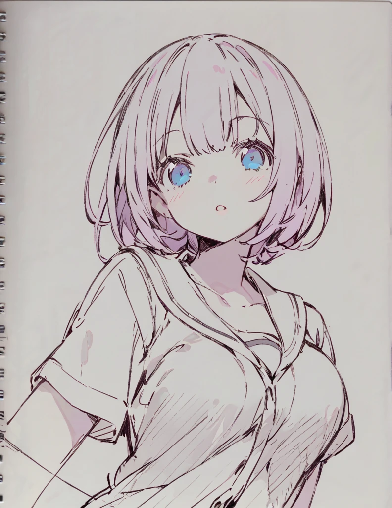 Blue-eyed busty junior high school girl ピンク色のshort bob sketch