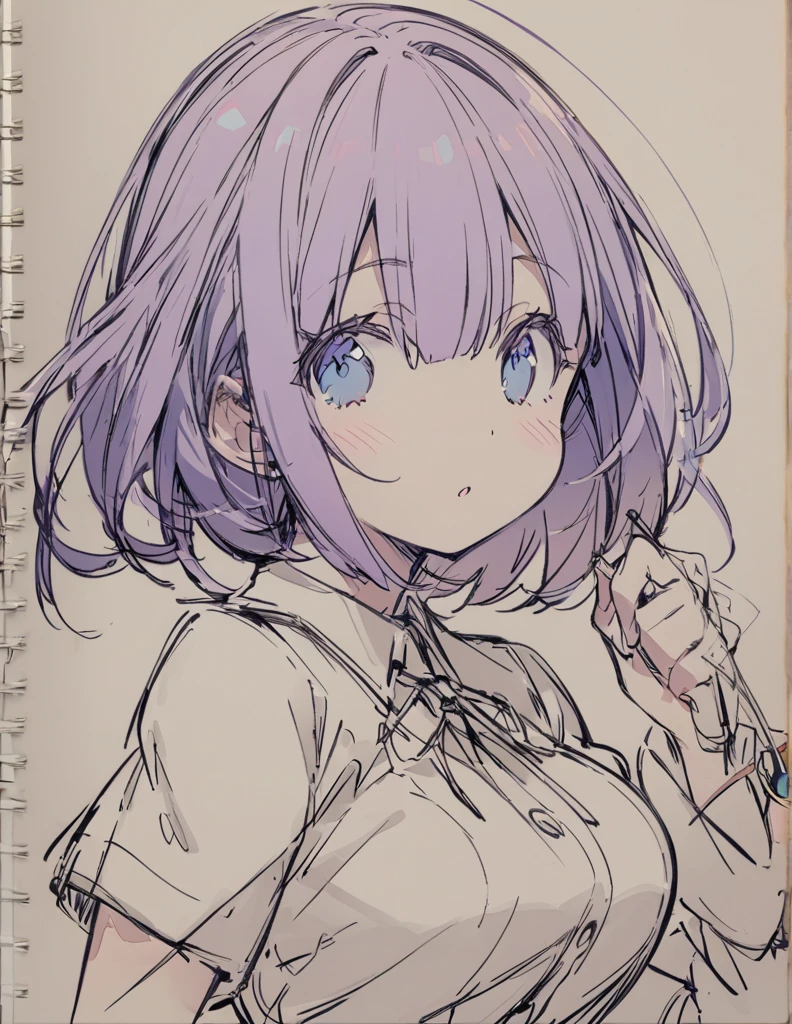 Blue-eyed busty junior high school girl ピンク色のshort bob sketch