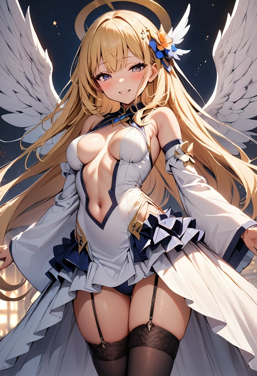 masterpiece, best quality, solo, 1girl, blonde-hair, wings, thighhighs, (very-long-hair), smile, wide-sleeves, navel, hair-ornament, blush, looking-at-viewer, detached-sleeves, open-mouth, frills, outstretched-arms, black-thighhighs, dress, oragen-eyes, half-closed-eyes, long-sleeves, bangs, breasts, center-opening, standing, angel-wings, white-wings, garter-straps, flower, parted-lips, bare-shoulders, navel-cutout
