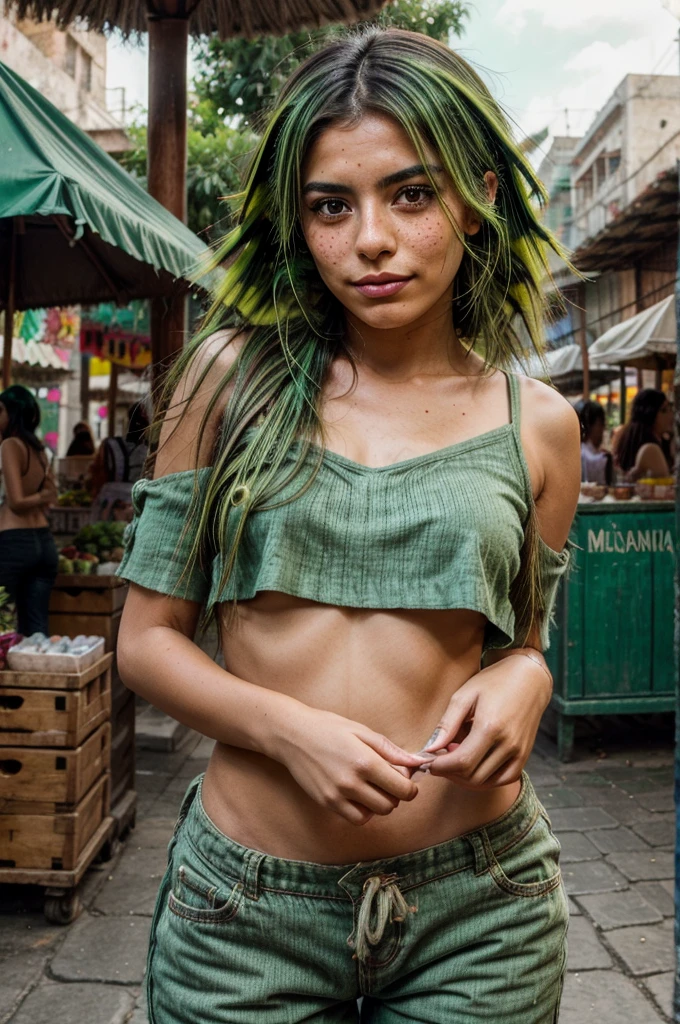 [[((young attractive Mexican woman with green streaks in her hair and cute freckles:1.5)), ((Martina Sánchez:1.4)), exploring the markets of Oaxaca, with her body facing the camera. Martina is wearing ((a casual chic outfit:1.3)) with a small backpack and holding a local craft. She has an inquisitive, happy expression. The background features the bustling market stalls and vibrant local atmosphere of Oaxaca. The scene is captured with a ((digital SLR:1.3)) using a ((50mm prime lens:1.3)) for a balanced perspective. Post-production focuses on enhancing the natural colors, highlighting the green streaks in her hair and freckles, and adding a ((soft bokeh effect:1.2)) to the background. The image should be in ((8K resolution:1.2)) with ((hyper-realistic detail:1.4)). The focus is on Martina's unique hair and inquisitive expression, highlighting her as an engaging travel blogger.]]
