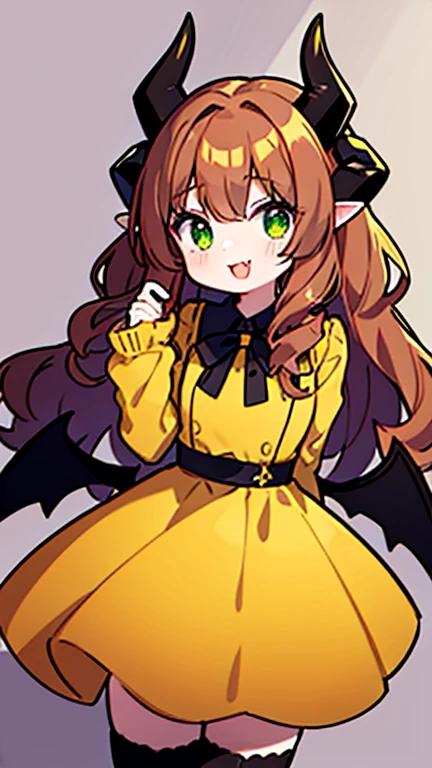 demi-human girl, Brown-curly-hair, green eyes, wearing a yellow dress with longs sleeves and red bowtie. (black demon wings.), (black demon horns.), (Black demon tail), :P