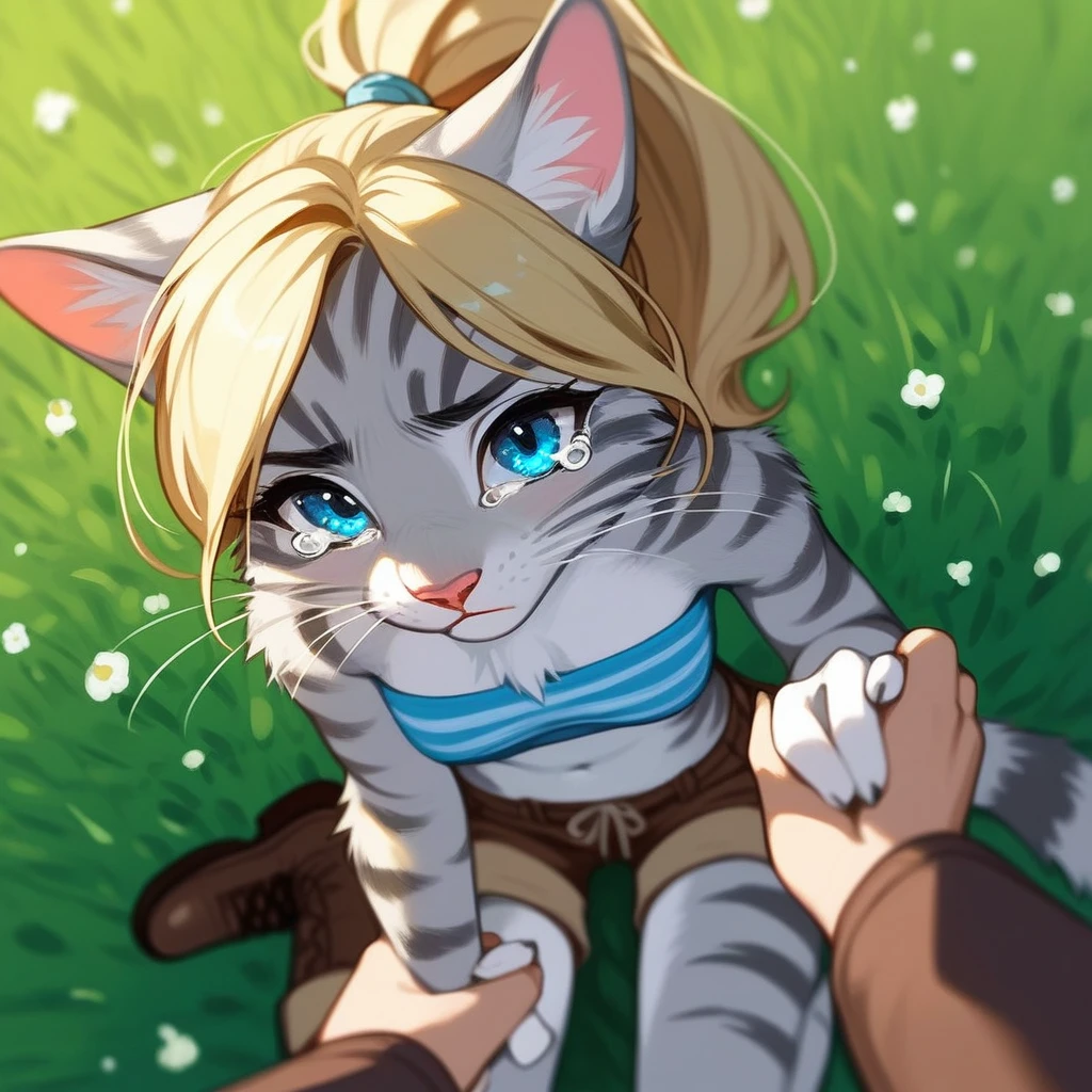 Solo, score_9,score_8_up,score_7_up, source_furry, kat, Anthro furry feline, blue eyes, blonde hair, (ponytail hair), pink nose, :3, white whiskers, silver fur with grey stripes, furry body, wearing blue bandeau, brown short shorts, brown boots, on her knees, w sitting, sniffling, sad expression, tearing up, on a grassy field, outdoors at night, pov, human viewer, from above, Birds Eye view, pov viewer is holding her hand, hand holding