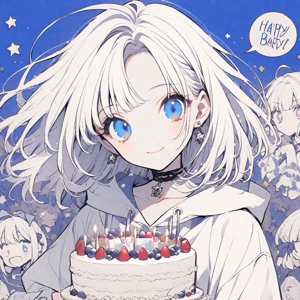 独奏,handsome, monotone,
1. Female,
,Straight Hair,Bob Hair, Bob,
White hair,
Kazuka Nakano ,
blue eyes,Soft look,beautiful,beautiful,ta,Darkness,Lots of silver earrings,choker,
White Distressed jeans, hoodie ,smile,skin,buzzer,
birthday cake ,Star,heart,
simple background ,
Blue background,