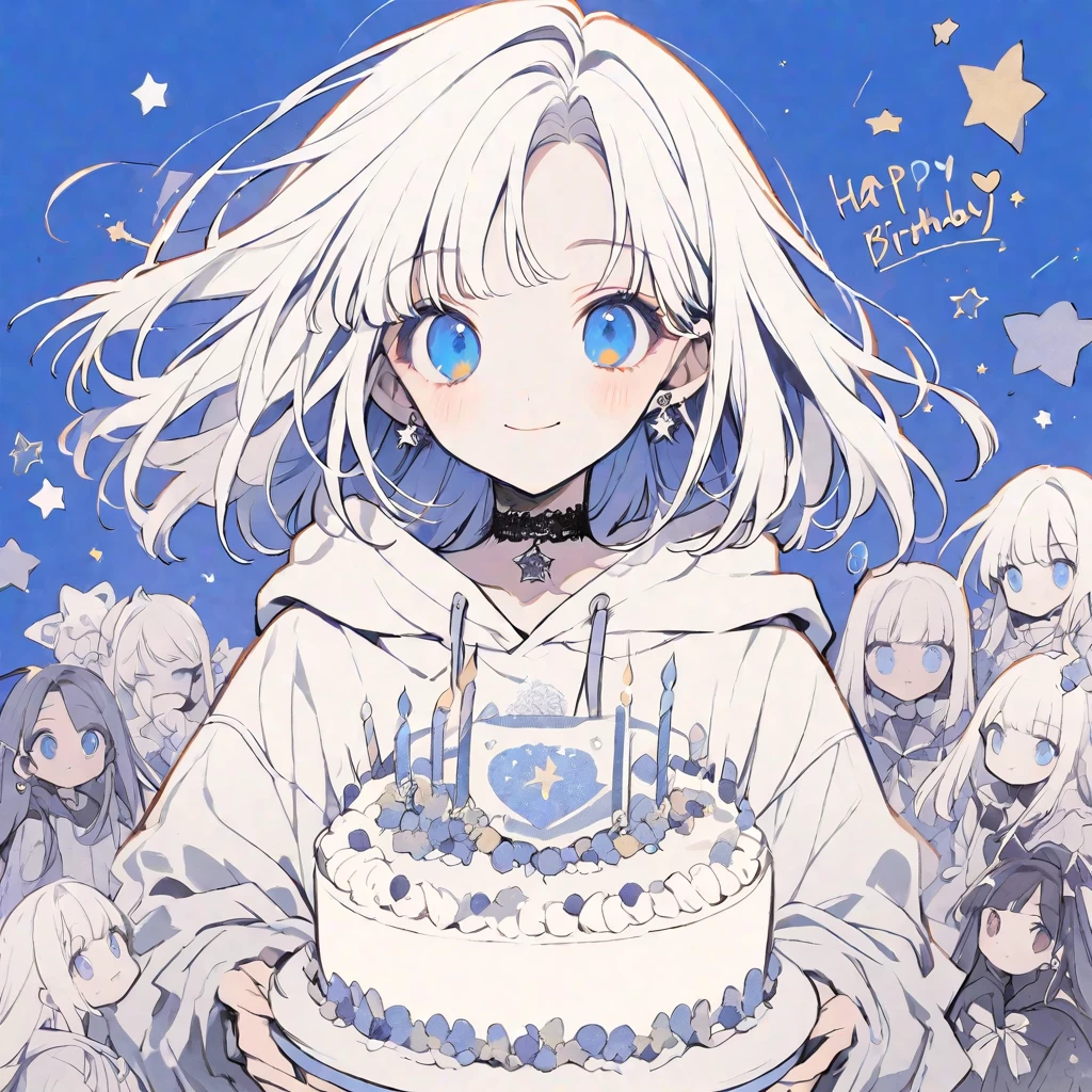 独奏,handsome, monotone,
1. Female,
,Straight Hair,Bob Hair, Bob,
White hair,
Kazuka Nakano ,
blue eyes,Soft look,beautiful,beautiful,ta,Darkness,Lots of silver earrings,choker,
White Distressed jeans, hoodie ,smile,skin,buzzer,
birthday cake ,Star,heart,
simple background ,
Blue background,