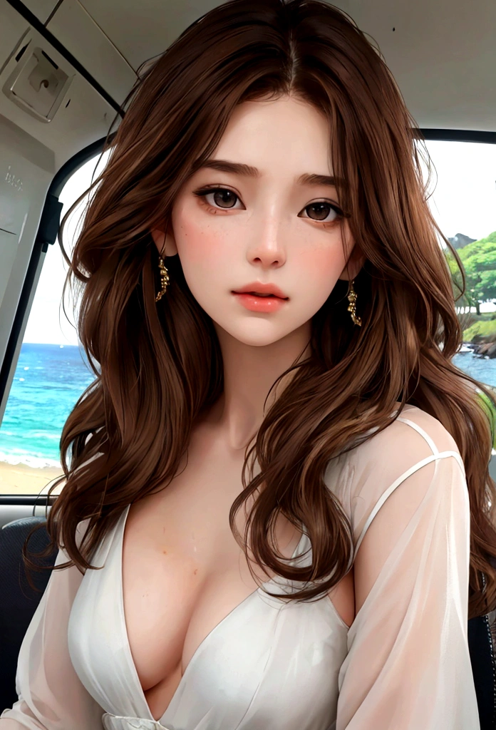 (Girl 1_Pretty face with delicate features, long brown hair, messy hair), (Beautiful woman_Clear and clean pale skin), Jeju Island, traveling alone, white dress, breeze, fragrant midsummer, nature, (the best) Quality,4k,8k,High Definition,Masterpiece:1.2),Ultra Detail,(Realistic,Realistic,Realistic:1.37),HDR,UHD,Studio Lighting,Sharp Focus,Physically Based Rendering,Highly Detailed,Professional,Vivid Colors,Bokeh ,Character