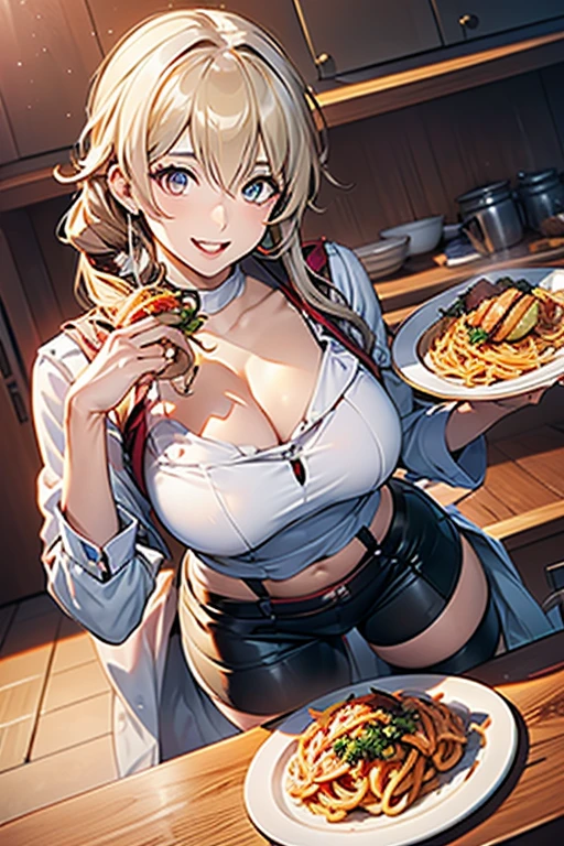 (dynamic angle:1.3, front view:1.1, breast focus:1.3, from above:1.1), (dynamic posing:1.2, sexy posing:1.2), (seductive smiling:1.3), ((holding Pasta on a plate,Taking the pasta out of the pan, worried about the outcome:1.2)),highest quality、(real、photorealistic:1.4),(ultra high resolution, 8K RAW photo, clear focus), best qualtiy, natural lighting, field depth, (Bright pupils, detailed beautiful eyes, high detailed face), Red lip, (tight focus:1.2), a girl 22yo old, Wearing a pastry chef uniform:1.3 , Thicc, thin breast, long hair, blue eyes,garter stocking, cleavage:1.2, midriff, black shorts, black thighhighs, thigh strap, pretty girl, (highly detailed beautiful face and eyes,firm breasts),real skin,((black,hair,long pony tail hair)),thin pubic hair,cute,lovely, detailed eyes,(double breasted:1.0,under bust:1.0),(with sparkling eyes and a contagious smile),open mouth, Looking at Viewer,A scene of make cooking Carbonara Pasta in the kitchen