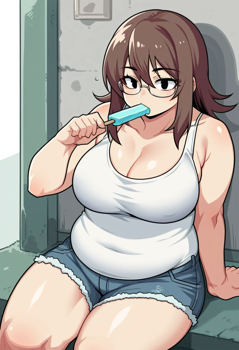 score_9, score_8_up, score_7_up, source_anime, BREAK, (((yew))), , brown hair, black eyes, glasses, 1girl, plump, thick, large breasts, tank top, jean shorts, popsicle in mouth, sitting, cleavage 