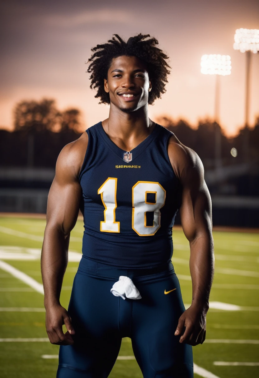 boy, 16 year old ager, brawny, dark coffee tone skin, bluish brown eyes, rectangular face, medium curly black hair, thick lips, double chin, defined jaw, six pack abs, pernas brawnylas, wearing no shirt, confident grin, athlete, appealing, sensuous, wearing tight shorts for football, flexing his biceps triumphantly, posing in front of an American football field, Masculine Energy, determinate expression.