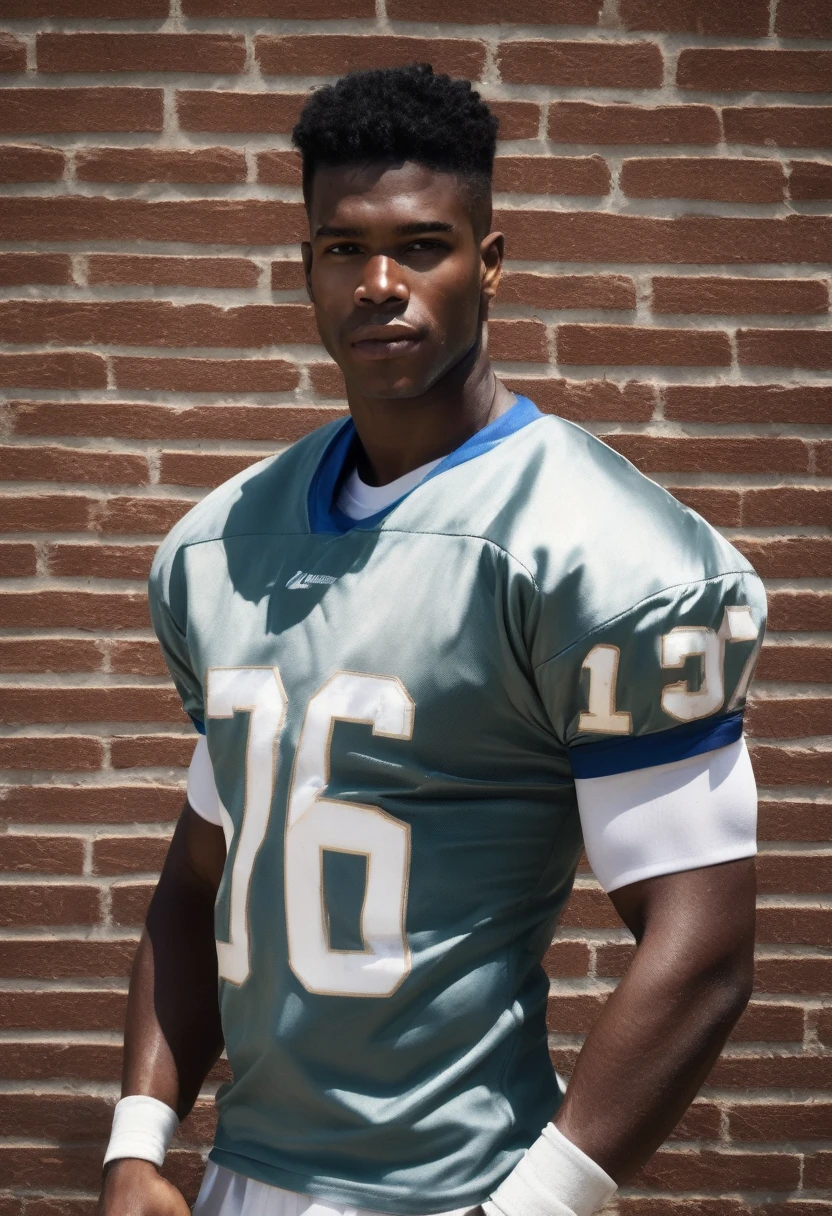 boy, 16 year old teenager, brawny, dark coffee tone skin, bluish brown eyes, rectangular face, medium curly black hair, thick lips, double chin, defined jaw, six pack abs, pernas brawnylas, wearing no shirt, confident grin, athlete, appealing, sensuous, wearing tight shorts for football, flexing his biceps triumphantly, posing in front of an American football field, Masculine Energy, determinate expression.