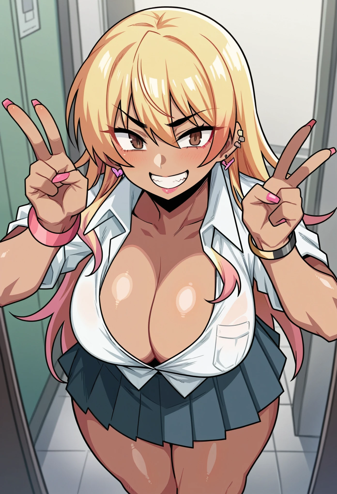 score_9, score_8_up, score_7_up, source_anime, BREAK, (((yew))), , 1girl, blonde hair, tan skin, brown eyes, gyaru, blouse, pleated skirt, cleavage, large breasts, curvy, thicc, thick thighs, v signs, smile