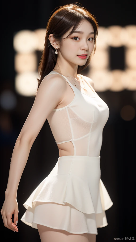 8k, masterpiece, RAW photo, best quality, photorealistic, extremely detailed CG unity 8k wallpaper, Depth of field, Cinematic Light, Lens Flare, Ray tracing, (extremely beautiful face, beautiful lips, beautiful eyes), intricate detail face, ((ultra detailed skin)) 1girl, in the dark, deep shadow, pretty korean girl, kpop idol, 1 girl, (very slim slender fit-muscled body:1.3), ((looking at viewer)),(big smile:1.3), (midnight, dark night, (neon sign), (blurred background), dim light), (without people in the background:1.3), beautiful earrings, bracelets, necklace, pantyhose, clear eyes, walking , front shot, (pale skin), (big eyes), face forward, (full body shot), (brown hairs), open navel, (looking at viewer:1.3), very slim, medium breasts, (camel toe), thick thighs, turn back, (flooming laced mini dress), ((white color dress)), (tight skirt), ((turning back, back shot)), ultra mini skirt, exposed ass, upper shot