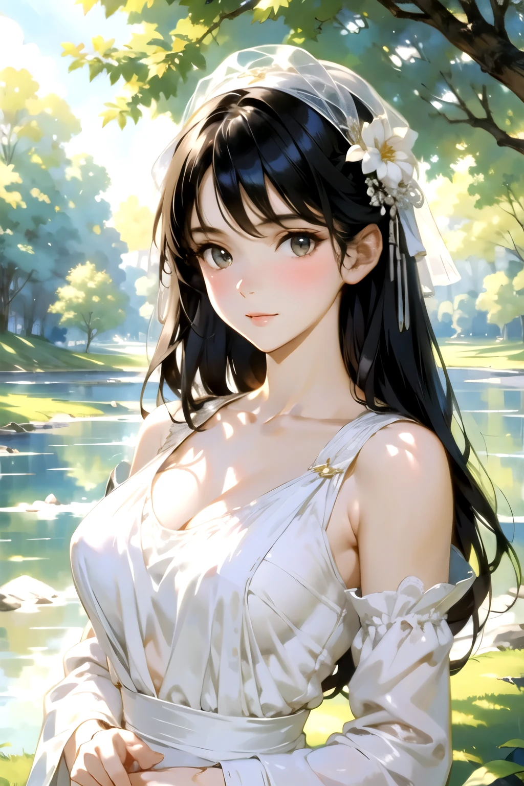 see through，Beautiful and fair、Radiant Skin, 3 Up, Gorgeous, bright, Refreshing and gentle expression, Perfect beautiful face、Beautiful shiny bangs, A very beautiful  girl, Eyeliner, Very perfect eyes，Very large breasts，Grooves reveal original skin，Muscular body，White lace suspenders