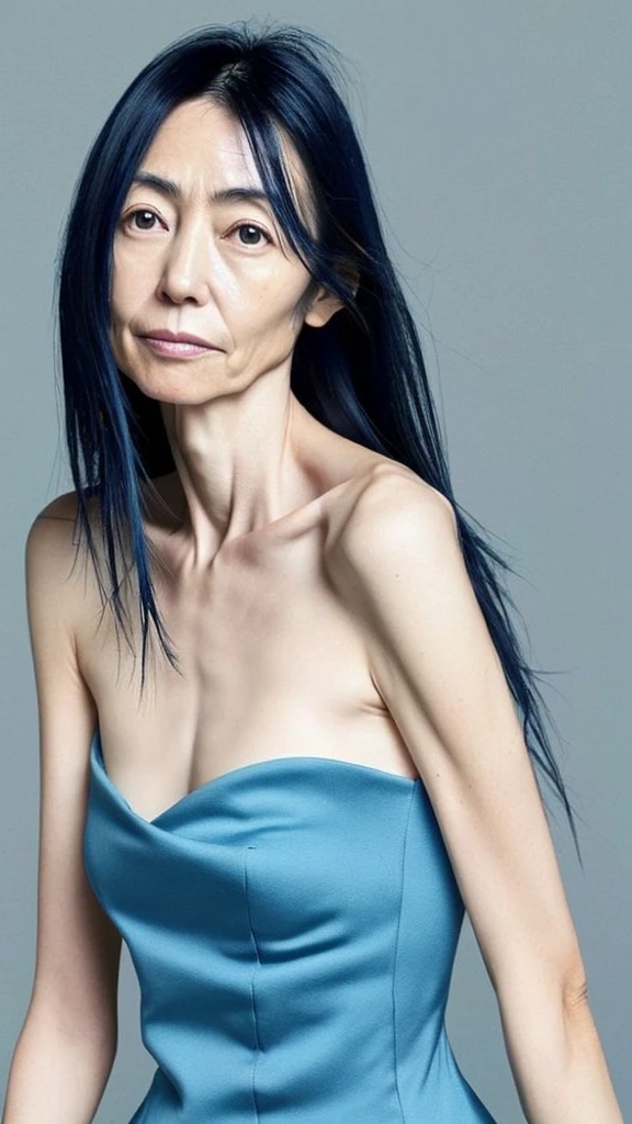 Japanese woman, fair skin, black hair, long hair, 50 years old, thin, skinny, weakened skin, droopy eyes, blue dress