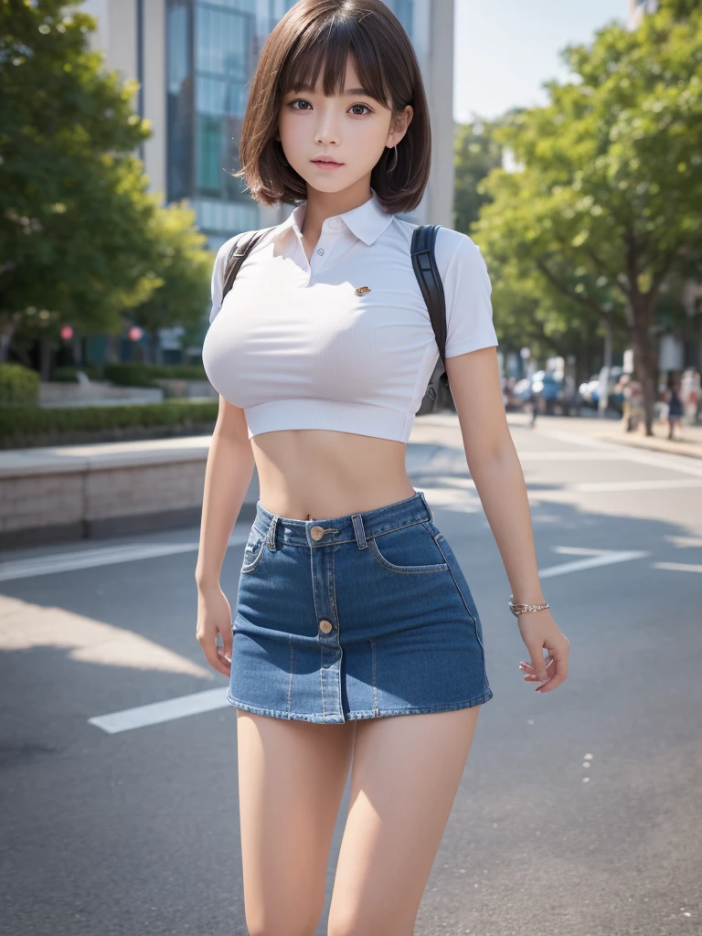 Highest quality、masterpiece、8K、Very detailed、Realistic、(Young face:1.2)、(Looks like an :1.2)、One person、whole body、(Big Breasts)、Thin and beautiful legs、Tight and slim waist、Tight shirt、mini skirt、Short Hair