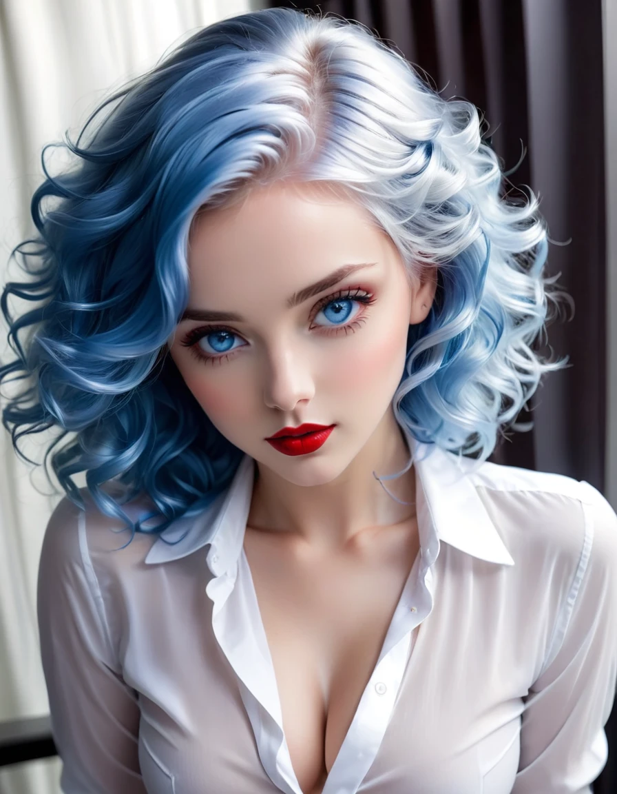 (Head to Toe angle) very , blue eyes, red lipstick, seductive, realistic wavy twirly platinum blue hair, open white shirt, very small breasts, very small , very , beautiful sexy girl