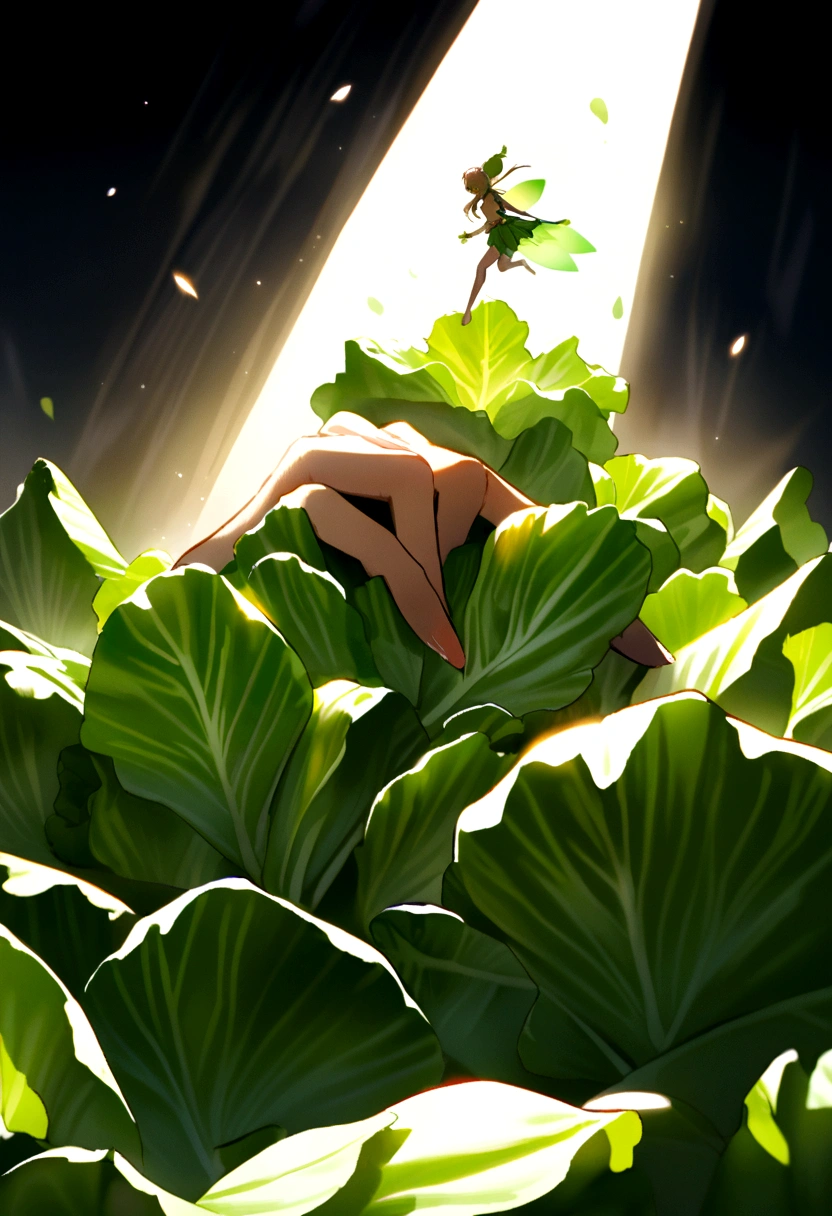 a fairy flying over a pile of Lettuce, holding one Lettuce on her hand