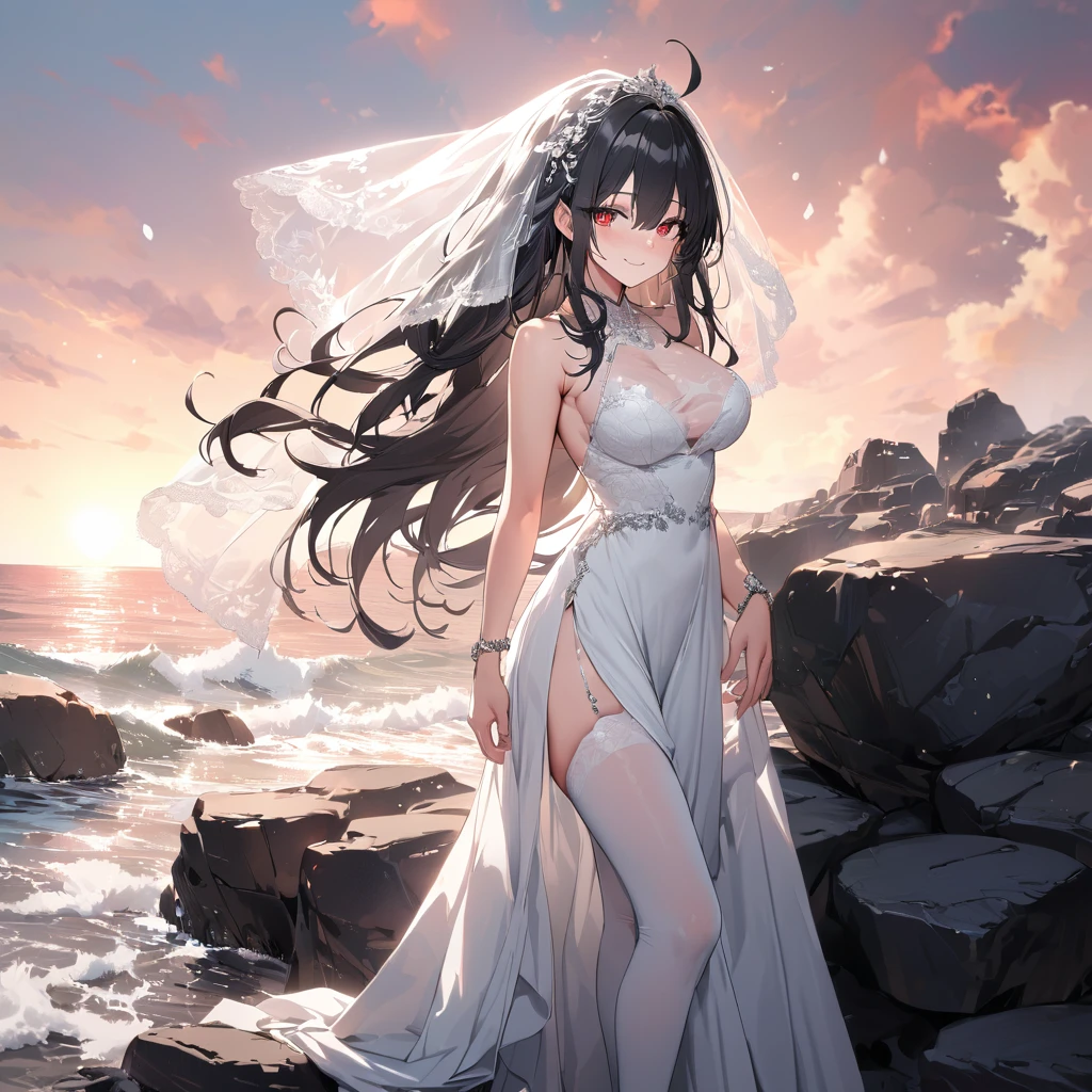 A mature woman, black hair, long hair, wearing a white dress, with exposed thigh, long white stockings, silver details on the dress, wearing a transparent wedding veil, red eyes, silver clip, silver bracelet, white heels, smiling, large breasts , ahoge hair, standing postured, perfect face, perfect eyes, on a rock in the sea, background sea, detailed rocks, daytime location with sky and clouds.UHD, masterpiece, accurate, anatomically correct, textured skin, super detail, high quality, best quality, 8k, high resolution, bokeh effect. (woman alone), facing