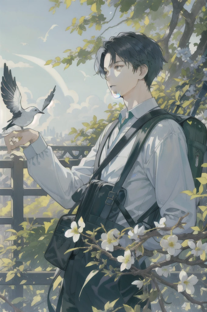 masterpiece, best quality, 1boy, male focus, handsome, residential area, fence, spindle trees, afternoon sun, the way home from school, , backpack, flock of birds, from directly side, depth of field