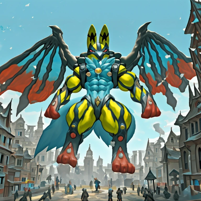 (Solo. masterpiece. official art. 8k. best quality. detailed full body. full body.)
(situation 1 : dominating Shiny_Mega_Lucario. Shiny_Mega_Lucario is over 1000 meters long. focus GIANT mechanical Muscular Shiny_Mega_Lucario is trampling the city. Looking down. macro. stomp. Low-angle perspective. emphasizing the immense size. He is much bigger than a skyscraper. Giga Giants. looking down. foot focus, (soles:1.2))
(situation 2 :smoke and flames rising from the destruction in the city)
(Additional details 1: wearing a full-face helmet. golden armor. high-tech bio-mecha armor. real texture material. whole body shines like metal. emphasizes the muscles. suit fully made of metal. intricate armor. Robotic suit. suit fully made of metal.).
(Additional details 2: (Detailed head. Detailed Body. Detailed abs. gigantic muscles. HYPER MUSCLES. Gigachad Muscular. big muscle. pecs. triceps. traps. unusually developed muscular body. body full of huge muscles. showing off muscles. pectorales enormes. Exaggeratedly huge muscles. huge muscles. long legs. abs.).
(Additional details 3: Spread wings. It has wings. have big wings. The claws are sharp. Sharp teeth.).