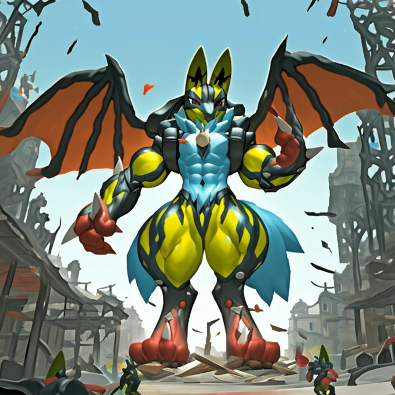 (Solo. masterpiece. official art. 8k. best quality. detailed full body. full body.)
(situation 1 : dominating Shiny_Mega_Lucario. Shiny_Mega_Lucario is over 1000 meters long. focus GIANT mechanical Muscular Shiny_Mega_Lucario is trampling the city. Looking down. macro. stomp. Low-angle perspective. emphasizing the immense size. He is much bigger than a skyscraper. Giga Giants. looking down. foot focus, (soles:1.2))
(situation 2 :smoke and flames rising from the destruction in the city)
(Additional details 1: wearing a full-face helmet. golden armor. high-tech bio-mecha armor. real texture material. whole body shines like metal. emphasizes the muscles. suit fully made of metal. intricate armor. Robotic suit. suit fully made of metal.).
(Additional details 2: (Detailed head. Detailed Body. Detailed abs. gigantic muscles. HYPER MUSCLES. Gigachad Muscular. big muscle. pecs. triceps. traps. unusually developed muscular body. body full of huge muscles. showing off muscles. pectorales enormes. Exaggeratedly huge muscles. huge muscles. long legs. abs.).
(Additional details 3: Spread wings. It has wings. have big wings. The claws are sharp. Sharp teeth.).