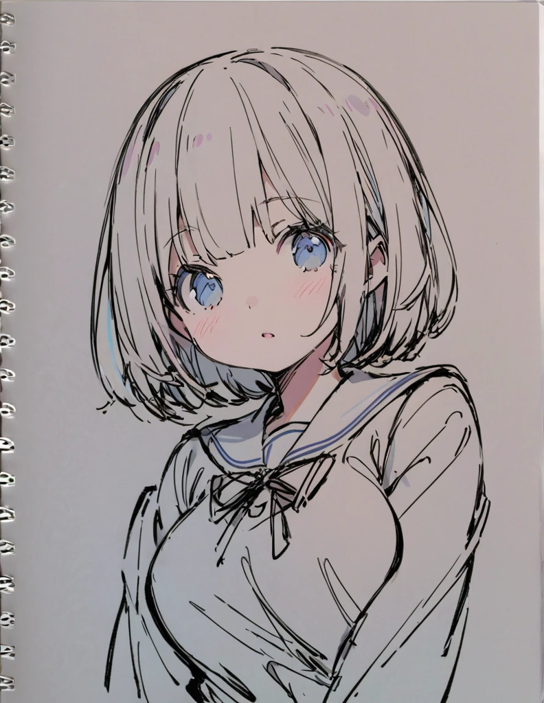 Blue-eyed busty high school girl ピンク色のshort bob sketch